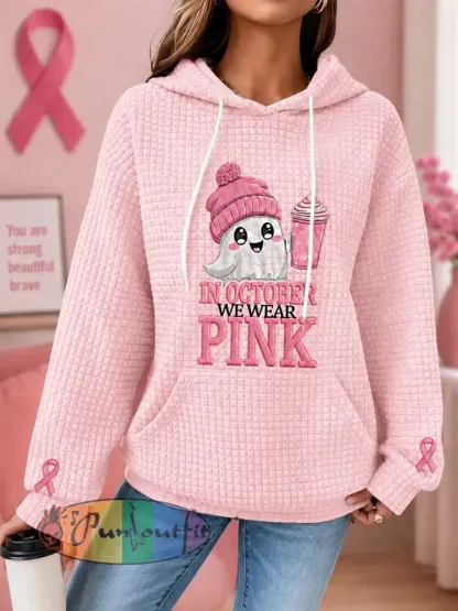 Women’s In October We Wear Pink Halloween Pink Ghost Print Breast Cancer Awareness Support Waffle Hoodie - Pink · S