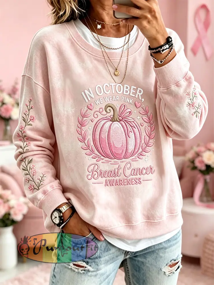 Women’s Breast Cancer Theme Halloween Elements Pattern Printed Casual Sweatshirt - Pink · S