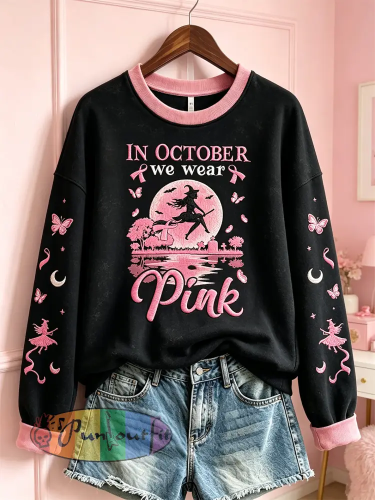 Women’s Breast Cancer Theme Halloween Elements Pattern Printed Casual Sweatshirt - Black · S