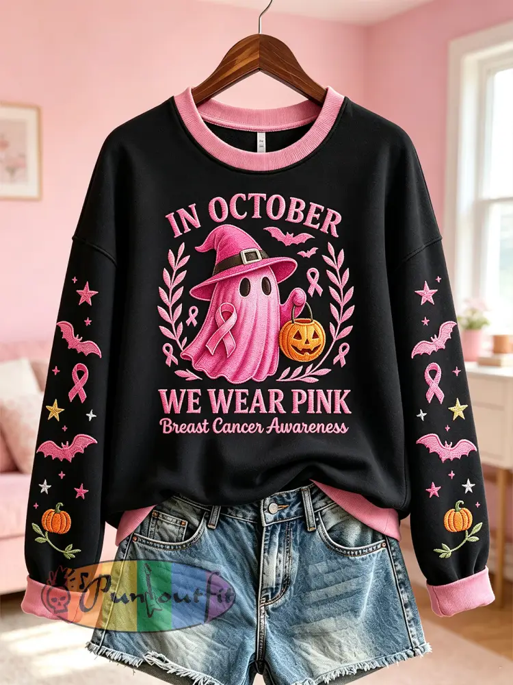 Women’s Breast Cancer Theme Halloween Elements Pattern Printed Casual Sweatshirt - Black · S