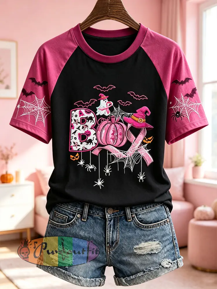 Women’s Breast Cancer Theme Halloween Elements Pattern Printed Casual Short Sleeve T-Shirt - Black · S