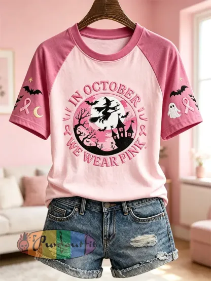 Women’s Breast Cancer Theme Halloween Elements Pattern Printed Casual Short Sleeve T-Shirt - Pink · S