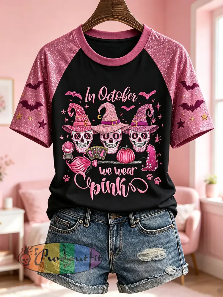 Women’s Breast Cancer Theme Halloween Elements Pattern Printed Casual Short Sleeve T-Shirt - Black · S