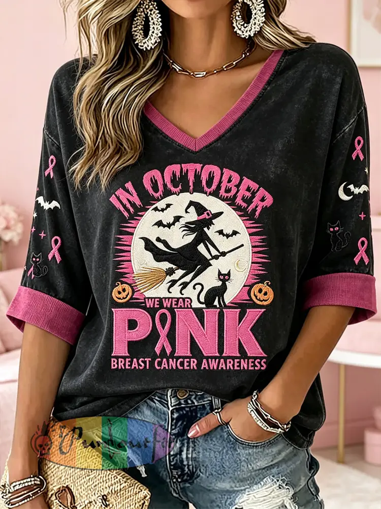 Women’s Breast Cancer Theme Halloween Elements Pattern Printed Casual Mid-length Sleeves V-Neck T-Shirt - Black · S