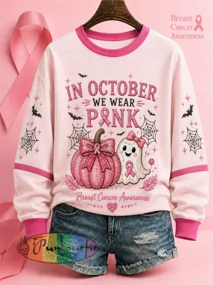 Women’s’In October We Wear Pink’ Breast Cancer Awareness Halloween Casual Regular Sweatshirt - Pink · S