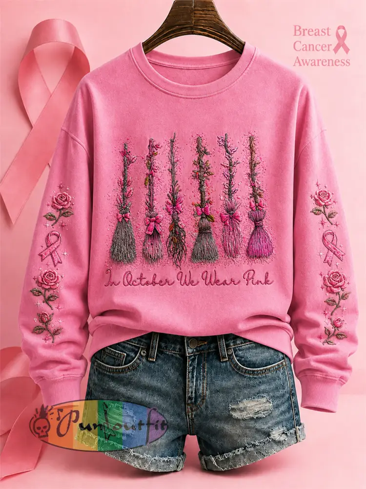 Women’s’In October We Wear Pink’ Breast Cancer Awareness Halloween Casual Regular Sweatshirt - Pink · S