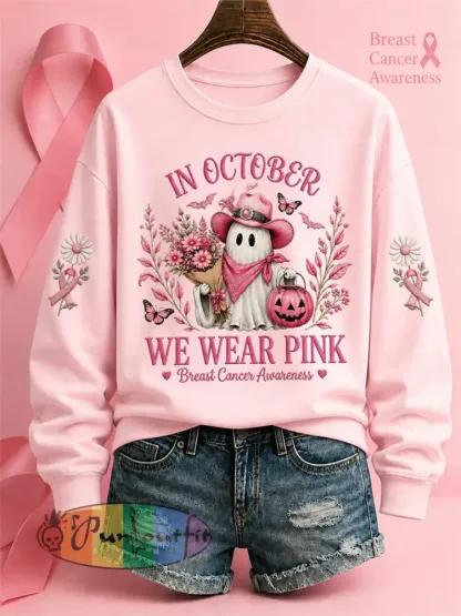 Women’s’In October We Wear Pink’ Breast Cancer Awareness Halloween Casual Regular Sweatshirt - Pink · S