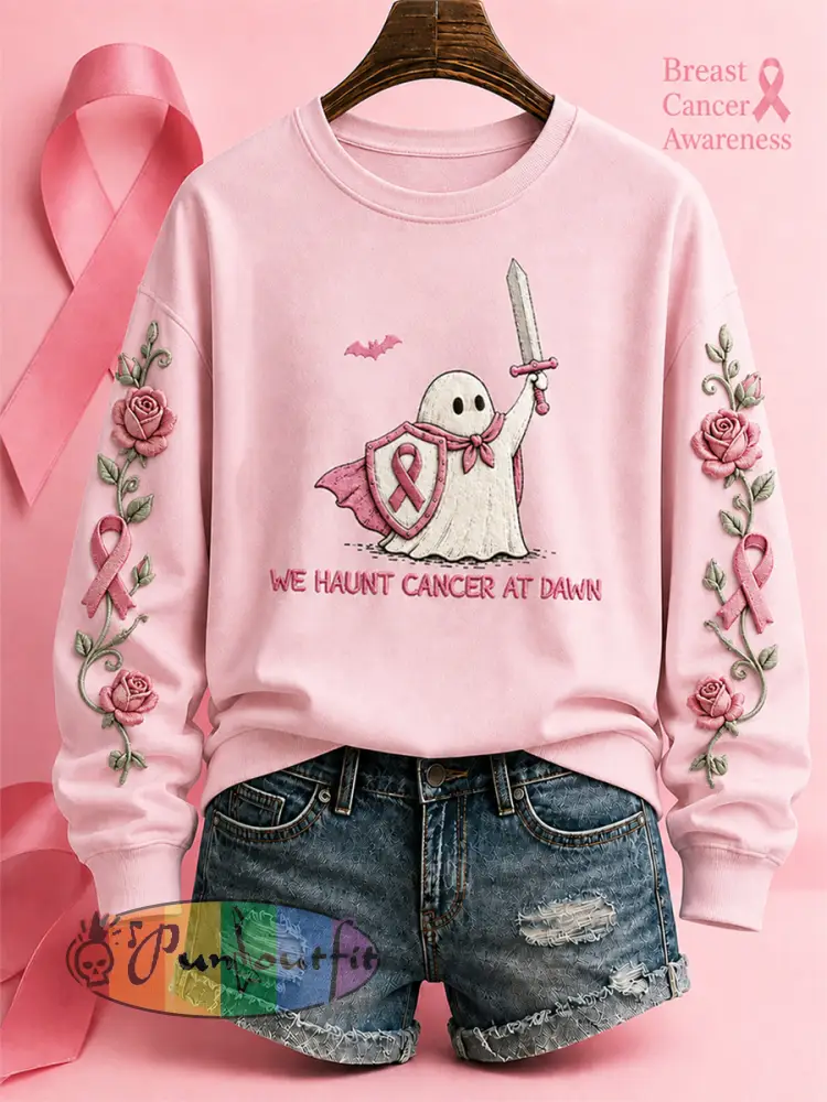 Women’s’We Haunt Cancer At Dawn’ Breast Cancer Awareness Halloween Casual Regular Sweatshirt - Pink · S