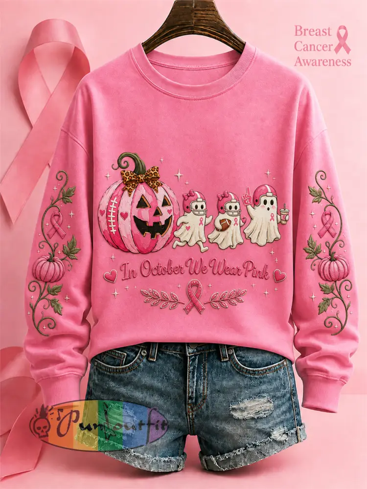 Women’s’In October We Wear Pink’ Breast Cancer Awareness Halloween Casual Regular Sweatshirt - Pink · S