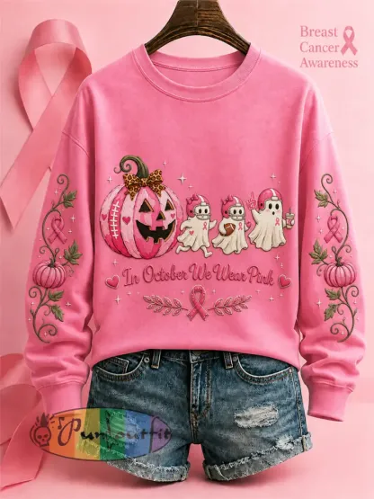 Women’s’In October We Wear Pink’ Breast Cancer Awareness Halloween Casual Regular Sweatshirt - Pink · S