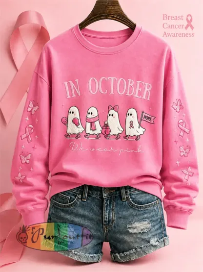 Women’s’In October We Wear Pink’ Breast Cancer Awareness Halloween Casual Regular Sweatshirt - Pink · S
