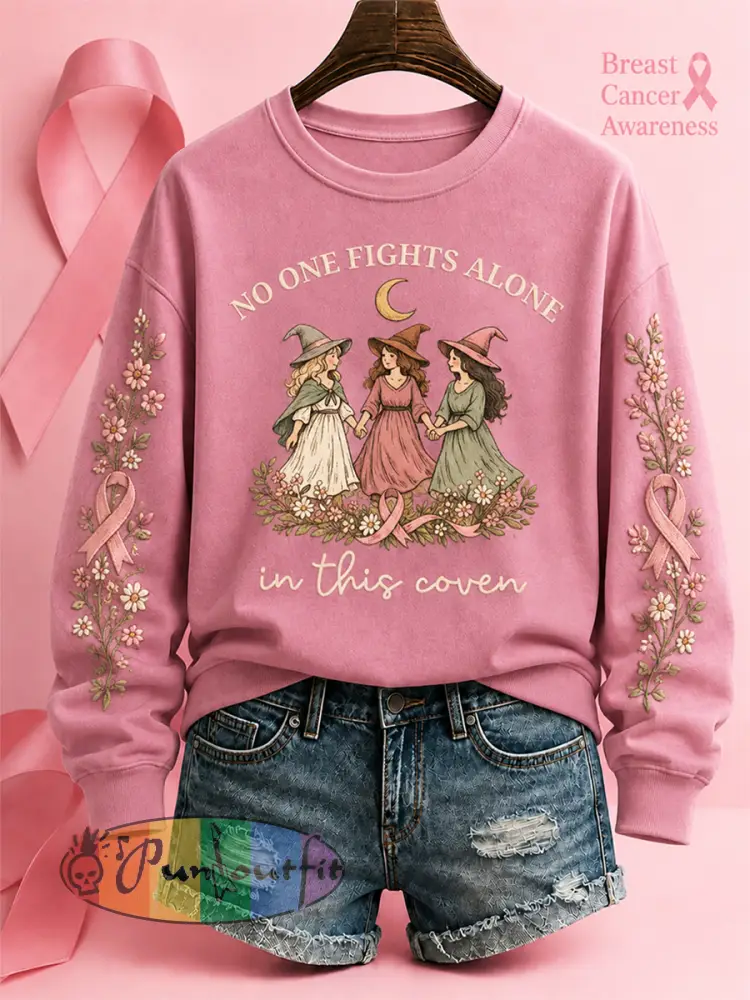 Women’s’No One Fights Alone In This Coven’ Breast Cancer Awareness Halloween Casual Regular Sweatshirt - Pink · S