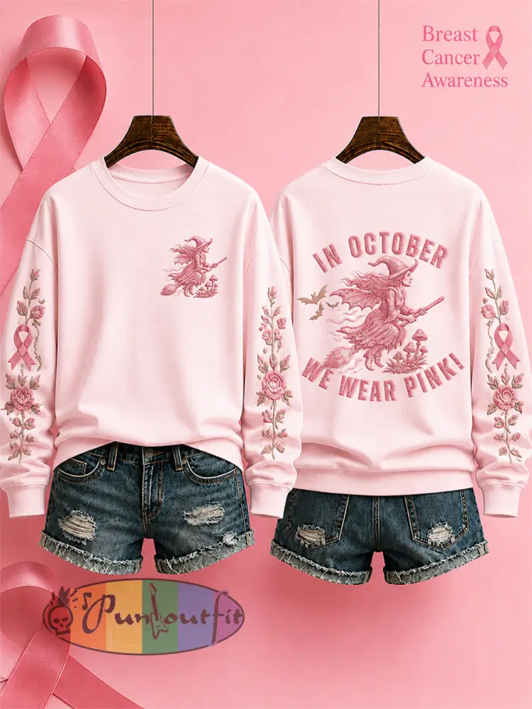 Women’s’In October We Wear Pink’ Breast Cancer Awareness Halloween Casual Regular Sweatshirt