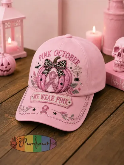 ’In October We Wear Pink’ Breast Cancer Awareness Halloween Casual Unisex Hat - Pink · ONE