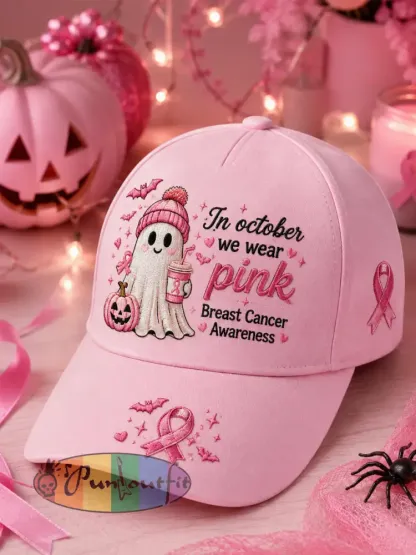 In October We Wear Pink Halloween Pink Ghost Print Breast Cancer Awareness Support Hat - Pink · ONE