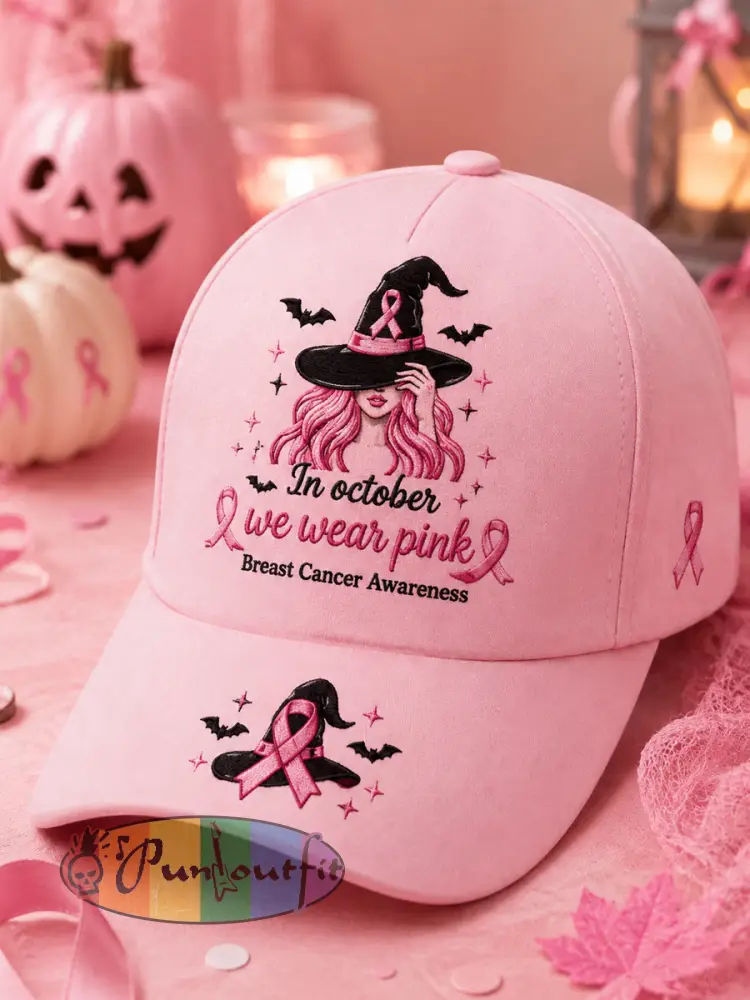 In October We Wear Pink Halloween Pink Witch Print Breast Cancer Awareness Support Hat - Pink · ONE