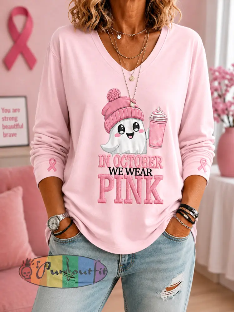 Women’s In October We Wear Pink Halloween Pink Ghost Print Breast Cancer Awareness Support V-Neck Long-Sleeve T-Shirt