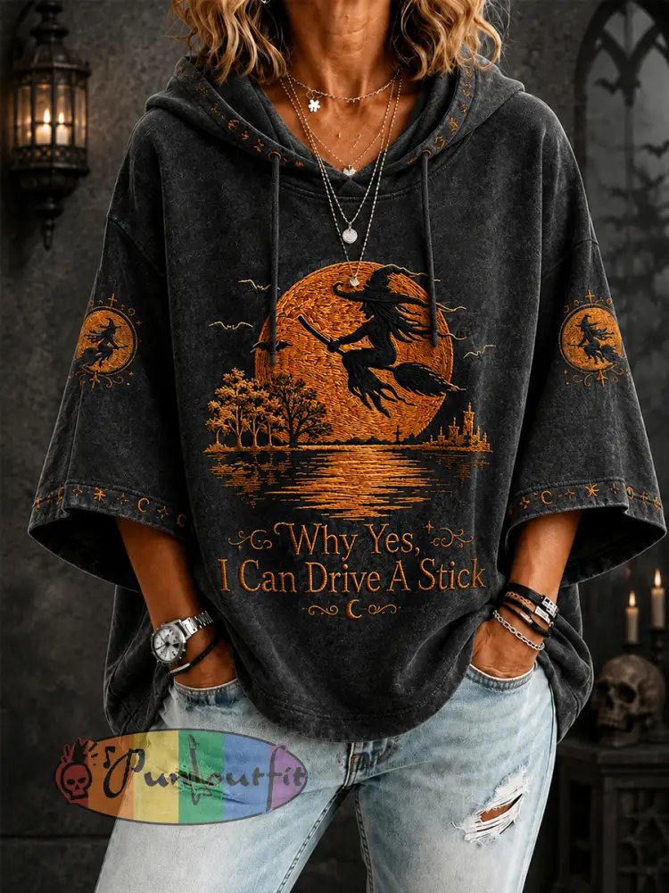 Women’s Funny Halloween Witch Why Yes I Can Drive A Stick Print Casual 3/4 Sleeve Hoodie - Black · S