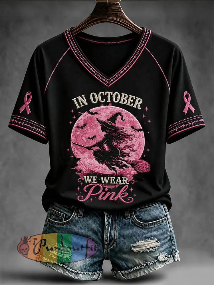 Women’s In October We Wear Pink Witch V-neck T-shirt - Black · S