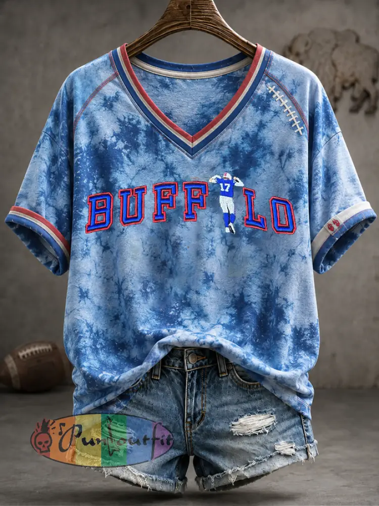 Women’s Football Lover Bulls BUF Art Printed T-shirt - Blue · S
