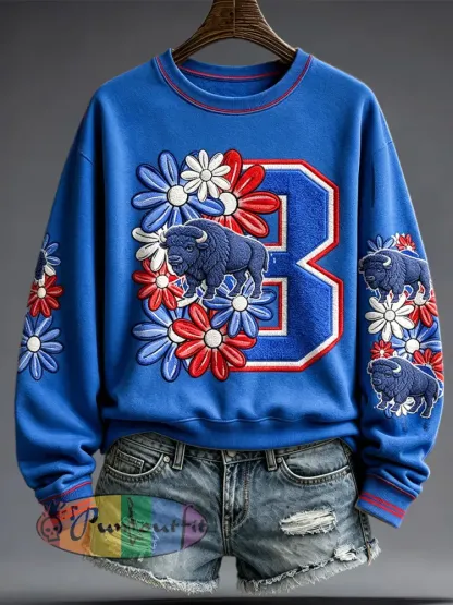 Women’s Football Lover Bulls BUF Art Printed Sweatshirt - Blue · S