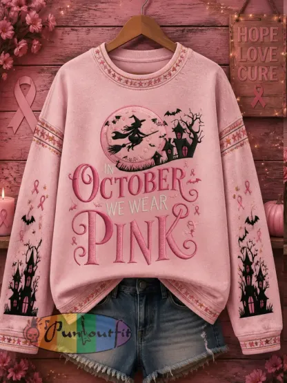 Women’s Halloween Breast Cancer Pink Print Sweatshirt - Pink · S