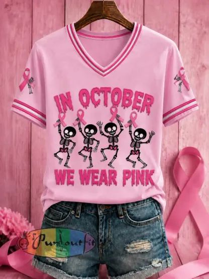 Women’s Halloween Breast Cancer Pink Flowers Printed V-neck T-shirt - Pink · S