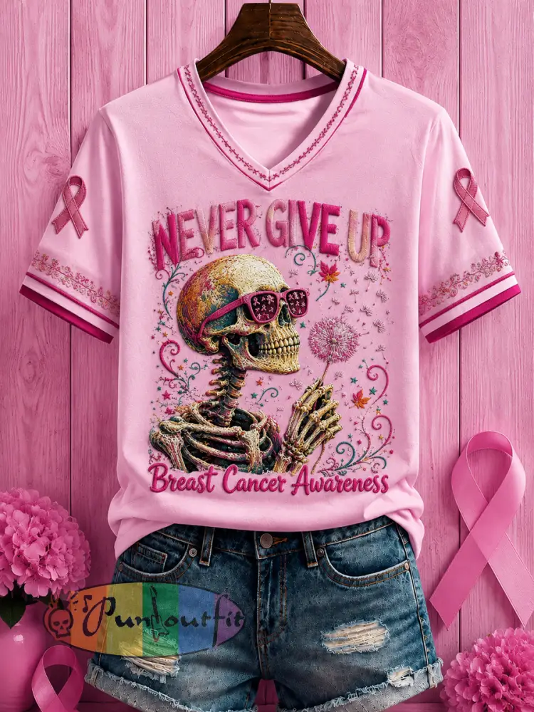 Women’s Halloween Breast Cancer Pink Flowers Printed V-neck T-shirt - Pink · S