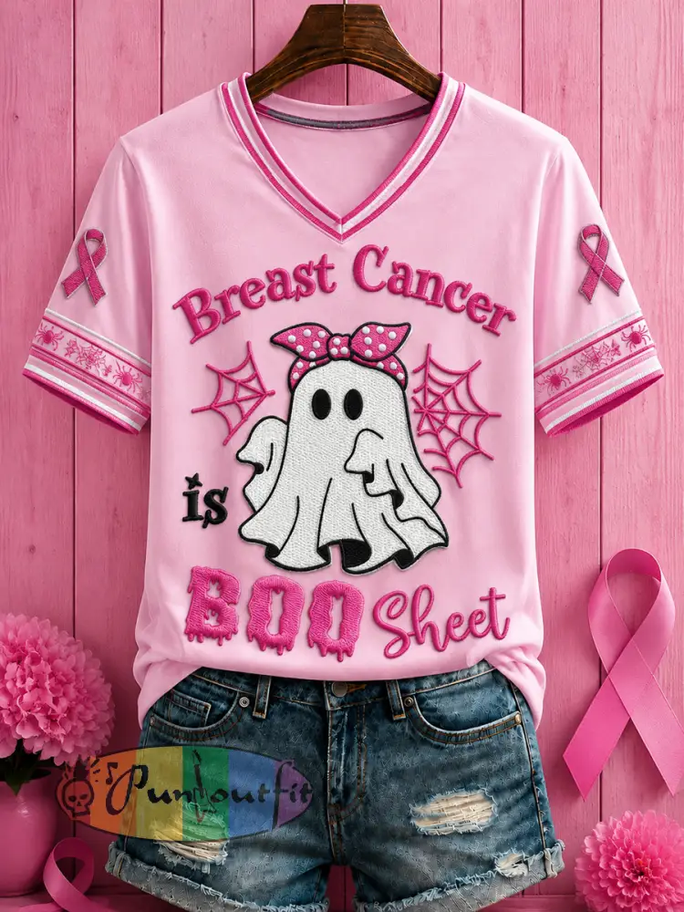 Women’s Halloween Breast Cancer Pink Flowers Printed V-neck T-shirt - Pink · S