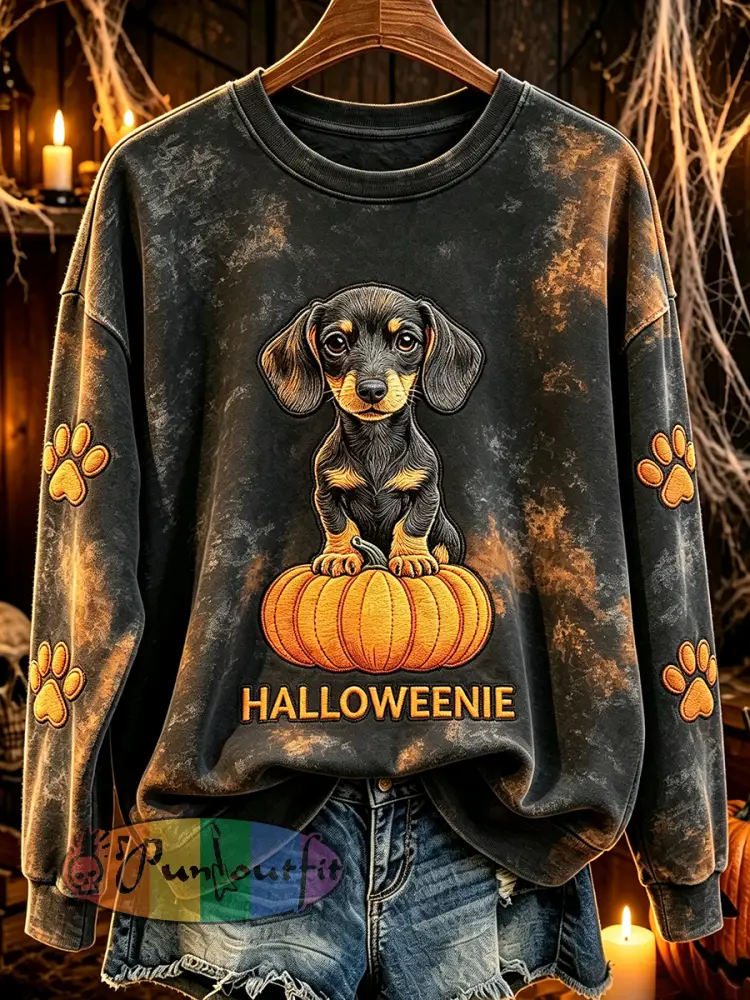 Women’s Halloweenie Funny Halloween Weenie Print Cozy Sweatshirt - Black · S