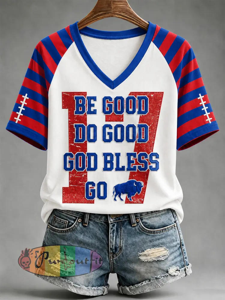 Women’s Football Lover Buffalo Print V-Neck Tee - White · S