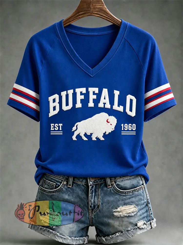 Women’s Football Lover Buffalo Print V-Neck Tee - Blue · S