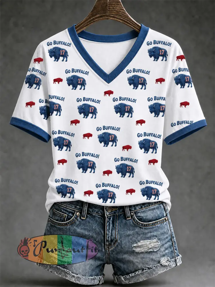 Women’s Football Lover Buffalo Print V-Neck Tee - White · S