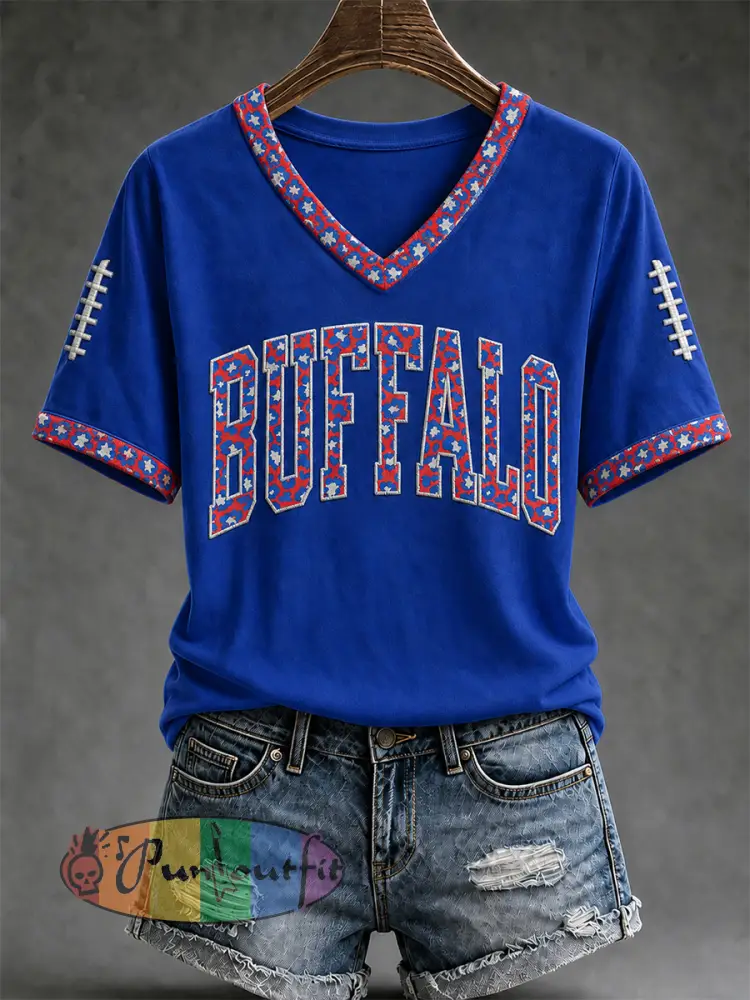 Women’s Football Lover Buffalo Print V-Neck Tee - Blue · S