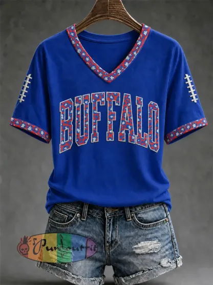 Women’s Football Lover Buffalo Print V-Neck Tee - Blue · S
