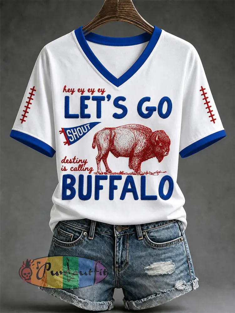 Women’s Football Lover Buffalo Print V-Neck Tee - White · S