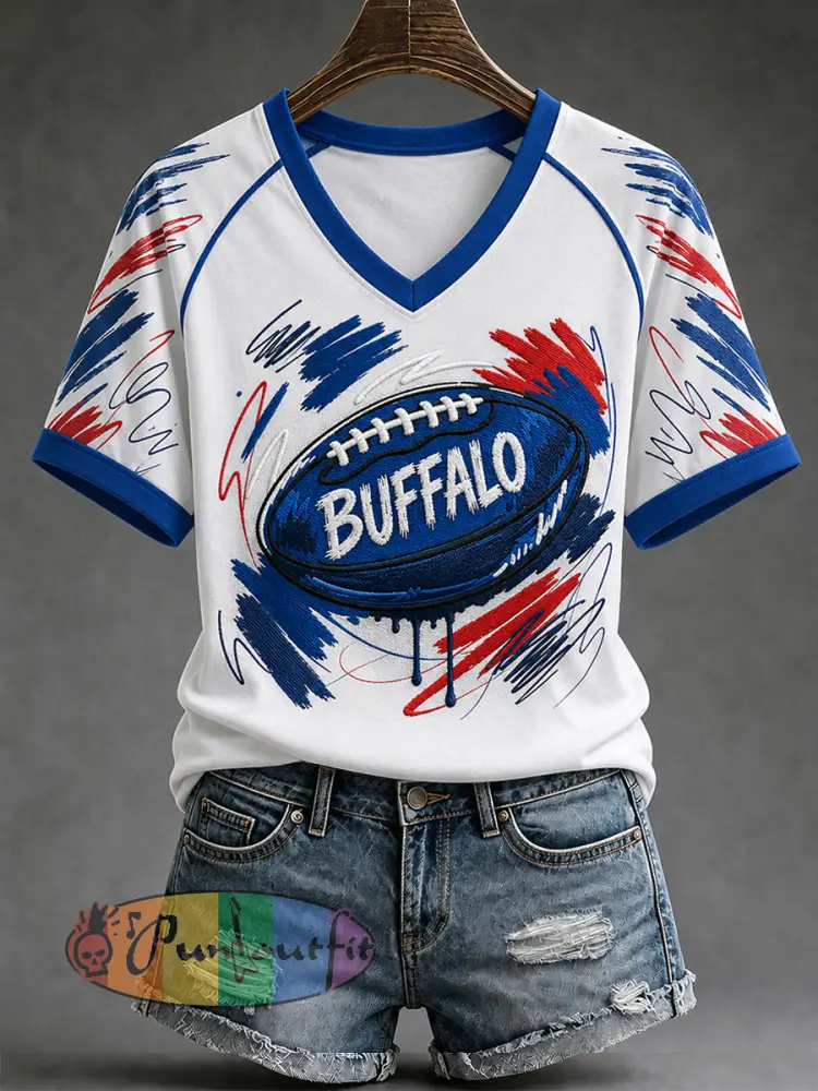 Women’s Football Lover Buffalo Print V-Neck Tee - White · S