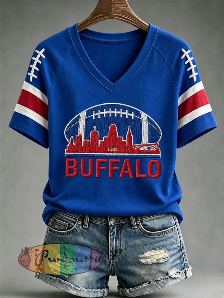 Women’s Football Lover Buffalo Print V-Neck Tee - Blue · S