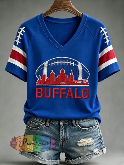 Women’s Football Lover Buffalo Print V-Neck Tee - Blue · S