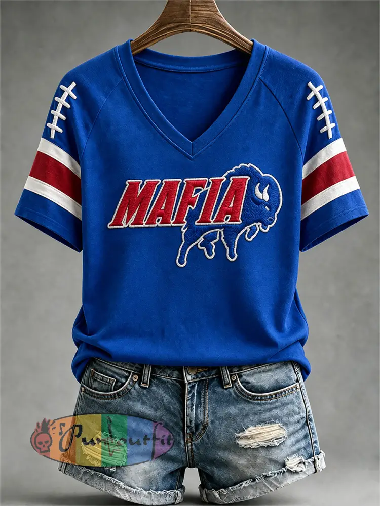 Women’s Football Lover Buffalo Print V-Neck Tee - Blue · S