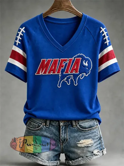 Women’s Football Lover Buffalo Print V-Neck Tee - Blue · S