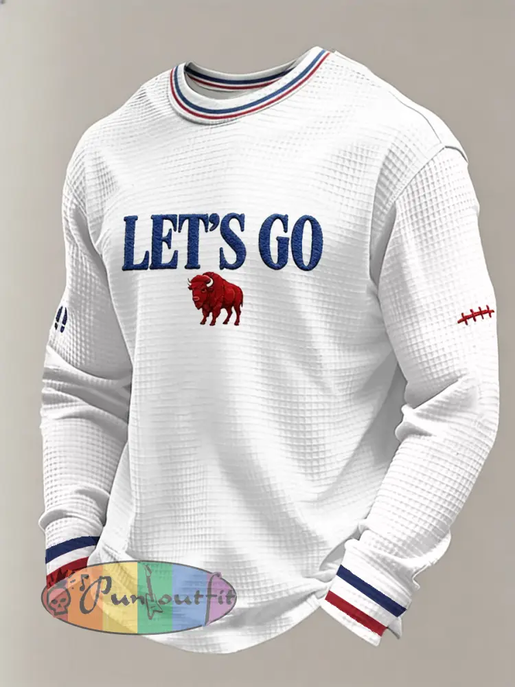Men’s Football Lover Bulls BUF Art Printed Waffle Long Sleeve Top - White · S