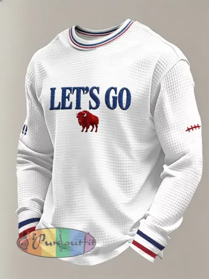 Men’s Football Lover Bulls BUF Art Printed Waffle Long Sleeve Top - White · S