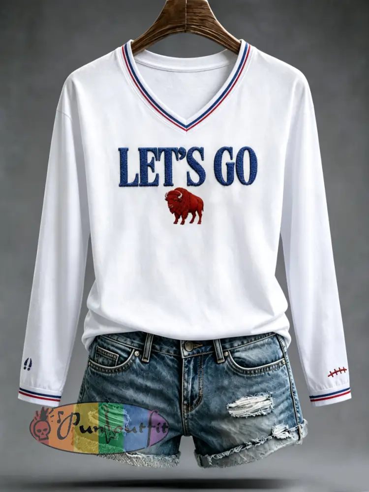 Women’s Football Lover Bulls BUF Art Printed V-Neck T-Shirt - White · S