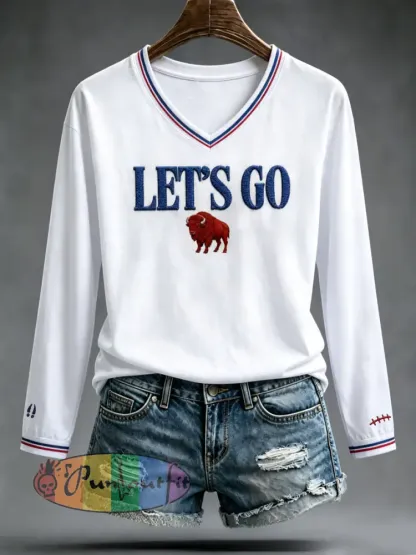 Women’s Football Lover Bulls BUF Art Printed V-Neck T-Shirt - White · S