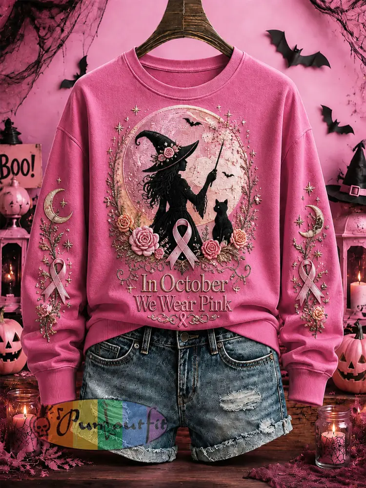 Women’s Breast Cancer Awareness Halloween Witch-Themed Casual Regular Sweatshirt - Dark Pink · S
