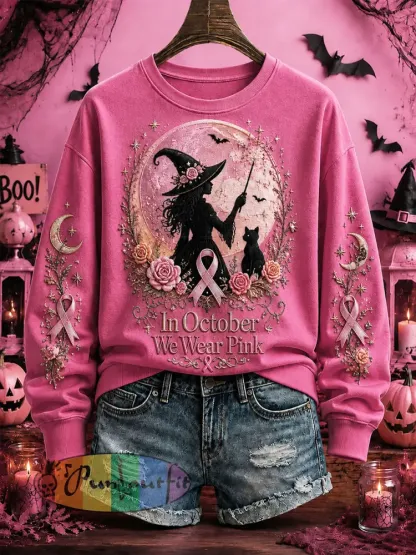 Women’s Breast Cancer Awareness Halloween Witch-Themed Casual Regular Sweatshirt - Dark Pink · S