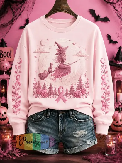Women’s Breast Cancer Awareness Halloween Witch-Themed Casual Regular Sweatshirt - Light Pink · S