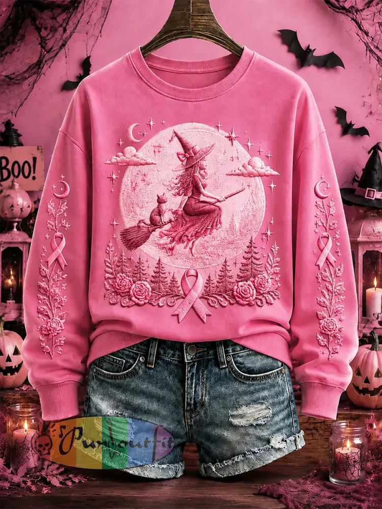 Women’s Breast Cancer Awareness Halloween Witch-Themed Casual Regular Sweatshirt - Dark Pink · S