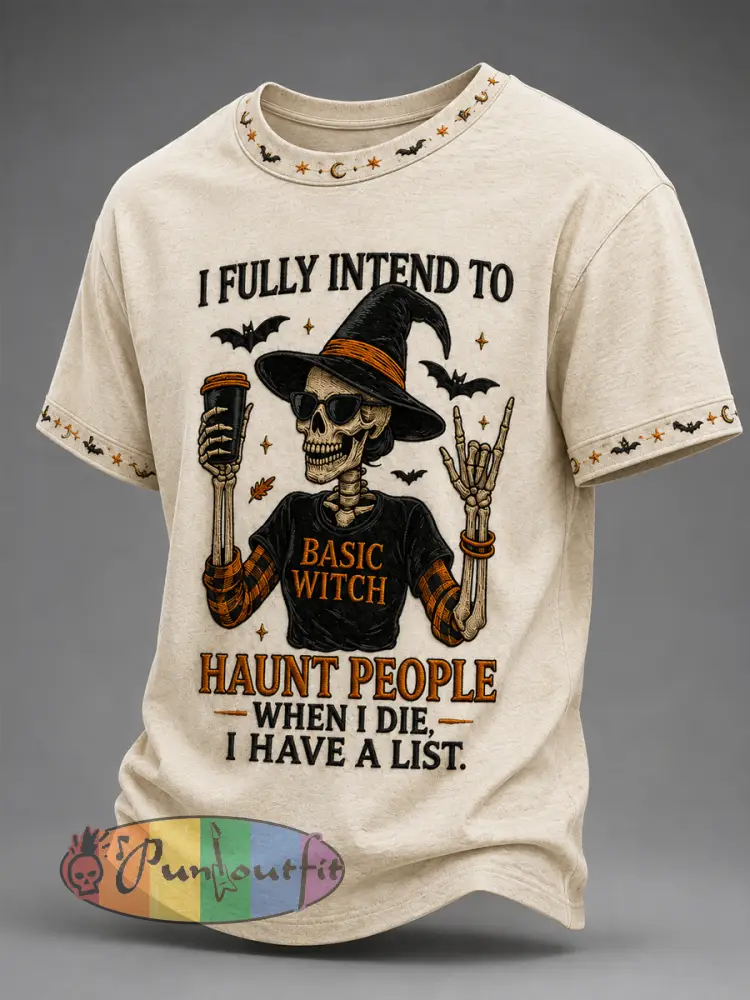 Men’s Funny Halloween Skull Witch I Fully Intend To Haunt People When I Die I Have A List Print Casual Tee - Beige · S